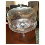 CLEAR GLASS CAKE STAND W/ ETCHED DOME COVER.