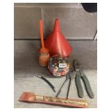 PLASTIC FUNNEL, OIL CAN, STAPLES THUMBTACKS, WIRE