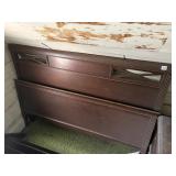 WOOD BED FRAME W/ PIERCED HEADBOARD, DARK FINISH.