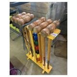 WOODEN CROQUET SET, COLORED BALLS, WIRE WICKETS,