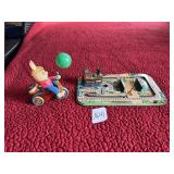 SHINSEI VINTAGE TIN WIND-UP RABBIT TRICYCLE TOY,