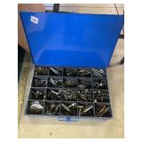 BLUE METAL ORGANIZER BOX W/ FASTENER ASSORTMENT.