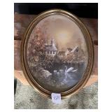 GILT OVAL FRAMED PRINT, LANDSCAPE W/ SWANS,