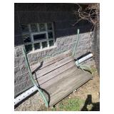 OUTDOOR GLIDER BENCH, WOOD SLAT SEAT, GREEN METAL