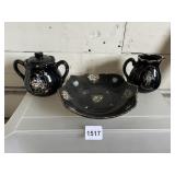 VINTAGE BLACK CERAMIC SUGAR POT, CREAMER, & BOWL,