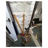 ASSORTED HAND TOOLS, AXES, PICKAXE, CANT HOOK,