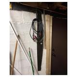 VINTAGE TWO-PERSON CROSSCUT SAW, JUMPER CABLES,