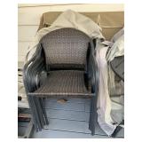OUTDOOR PATIO CHAIRS, WOVEN SEATS, METAL FRAMES,