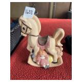 CERAMIC GLAZED ROCKING HORSE FIGURINE W/ CHILD