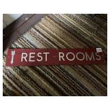 RED PAINTED WOOD REST ROOMS SIGN, SILVER