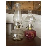 VINTAGE OIL LAMPS, CLEAR GLASS BASE, RED PRESSED