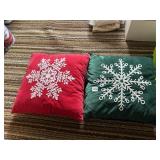 RED AND GREEN VELVET THROW PILLOWS, EMBROIDERED