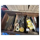 VINTAGE WOODEN TOOLBOX W/ ASSORTED HAND TOOLS,