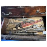 ASSORTED HAND TOOLS, RED PIPE WRENCH, FILES,