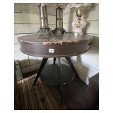 WOOD DRUM TABLE, ROUND TOP, SINGLE DRAWER,