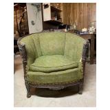 CARVED WOOD BARREL CHAIR - CHARTREUSE DAMASK