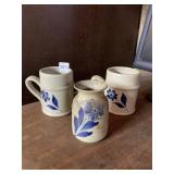 SALT-GLAZED STONEWARE PIECES, 2 MATCHING MUGS AND