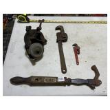 VINTAGE HAND TOOLS - BENCH VISE, PIPE WRENCH,