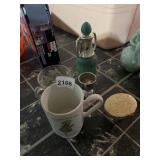 ASSORTED VINTAGE PORCELAIN & GLASS MUGS W/ METAL