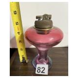 VINTAGE CRANBERRY GLASS OIL LAMP, METAL BURNER.