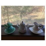 AVON JADE PITCHER W/ UNDERPLATE, FLORAL COVERED