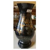 BLACK LACQUER VASE - GOLD GILT LANDSCAPE &