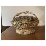 CERAMIC GILT FLORAL BASKET LAMP.