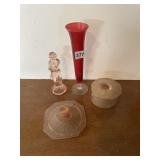 RED VASE, PINK GLASS FIGURINE, DISHES.