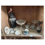 VINTAGE BLACK CERAMIC URN, BIRD FIGURINE,