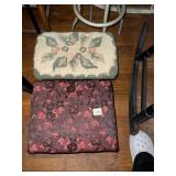 UPHOLSTERED FOOTSTOOLS, HOOKED RUG FLORAL TOP,