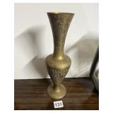 BRASS VASE, ETCHED FLORAL PATTERN, PATINATED