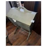 VINTAGE WOODEN SEWING BOX ON STAND, FILLED W/