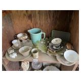 ASSORTED RIBBED PITCHER, TEACUPS W/ SAUCERS, LEAF