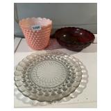 PINK HOBNAIL BASKET PLANTER, RUBY BOWL, CLEAR