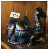 BLACK CARNIVAL GLASS CAMEL CANDY DISH