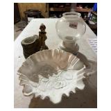 DECORATIVE LOT - MILK GLASS DISH W/ ROSE RELIEF,