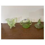 URANIUM GLASS CREAMER SUGAR LIDDED DISH.