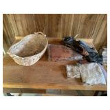 WICKER BASKET, HAND MADE DOILIES, LEATHER WORKING