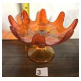 VINTAGE AMBERINA GLASS FOOTED COMPOTE, SCALLOPED