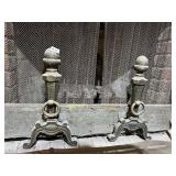 ORNATE CAST IRON FIREPLACE ANDIRONS, DECORATIVE
