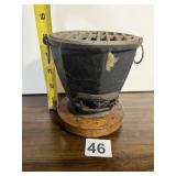 VINTAGE CAST IRON FOOT WARMER W/ WOODEN BASE,