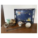 GEODE WITH MUSHROOMS, ENAMELED LADLE, TIN SERVING