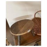 WICKER BASKET, WOODEN STOOL