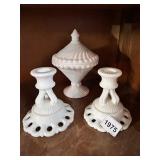 MILK GLASS PAIR OF CANDLESTICK HOLDERS W/