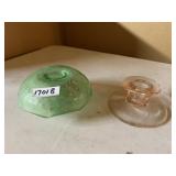 ETCHED URANIUM GLASS CANDLE HOLDER AND PINK GLASS