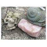CONCRETE FROGS, METAL SNAIL, ROSE QUARTZ CRYSTAL.
