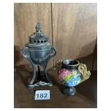 ORNATE METAL INCENSE BURNER, FLORAL PAINTED GILT