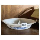 VINTAGE MILK GLASS DIVIDED SERVING DISH, BLUE