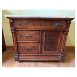 VICTORIAN WALNUT MARBLE-TOP WASH STAND, CARVED