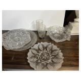 PRESSED GLASS PLATES, BOWLS, DRINKING GLASSES,